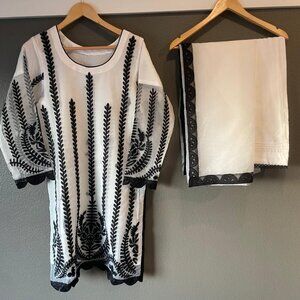 Elegant Black and White Embroidered Suit with Matching Dupatta